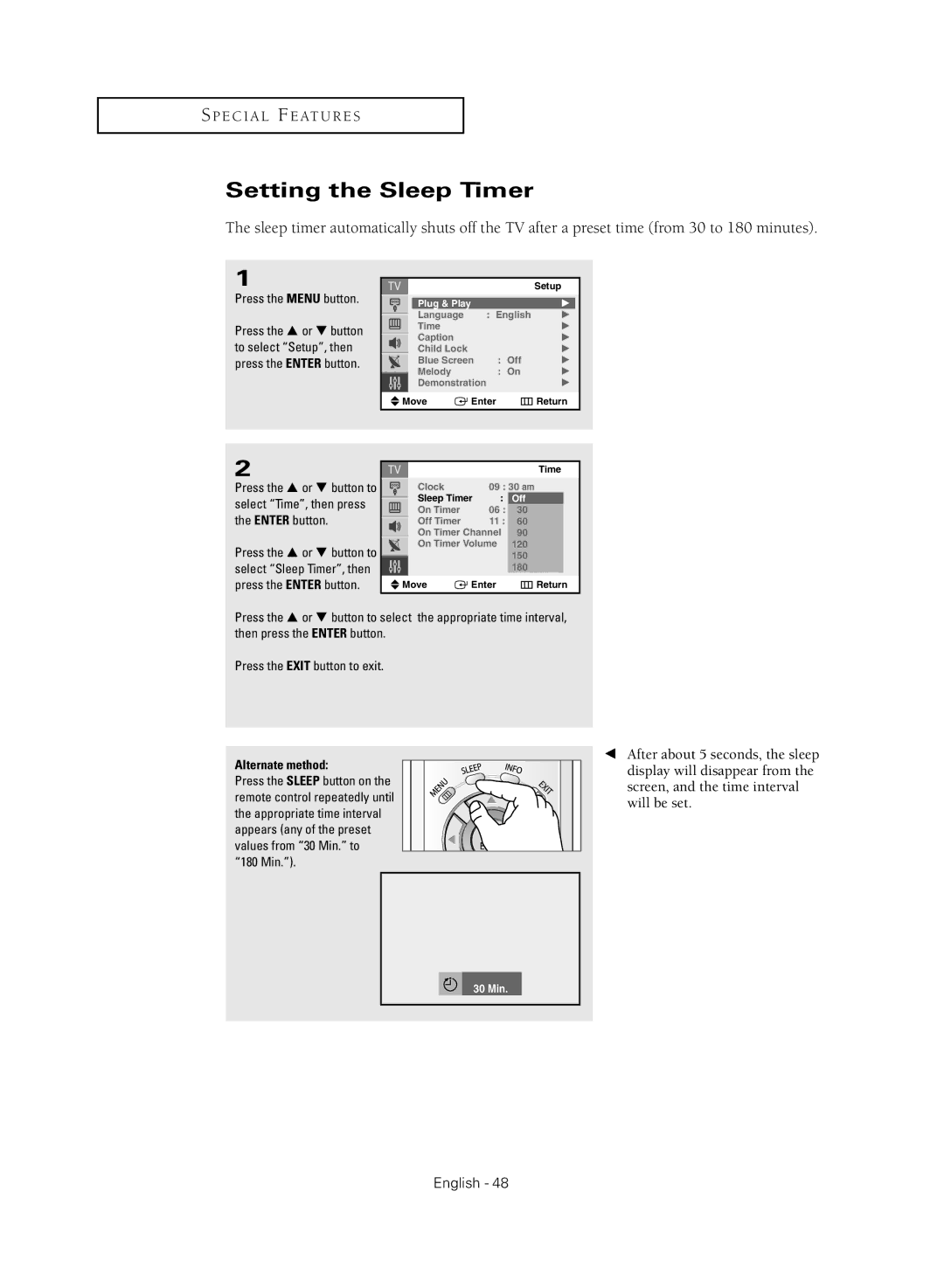 Samsung CL21M2 manual Setting the Sleep Timer 