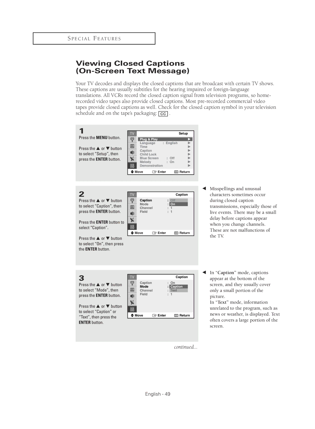 Samsung CL21M2 manual Viewing Closed Captions On-Screen Text Message, Press the Enter button to select Caption 