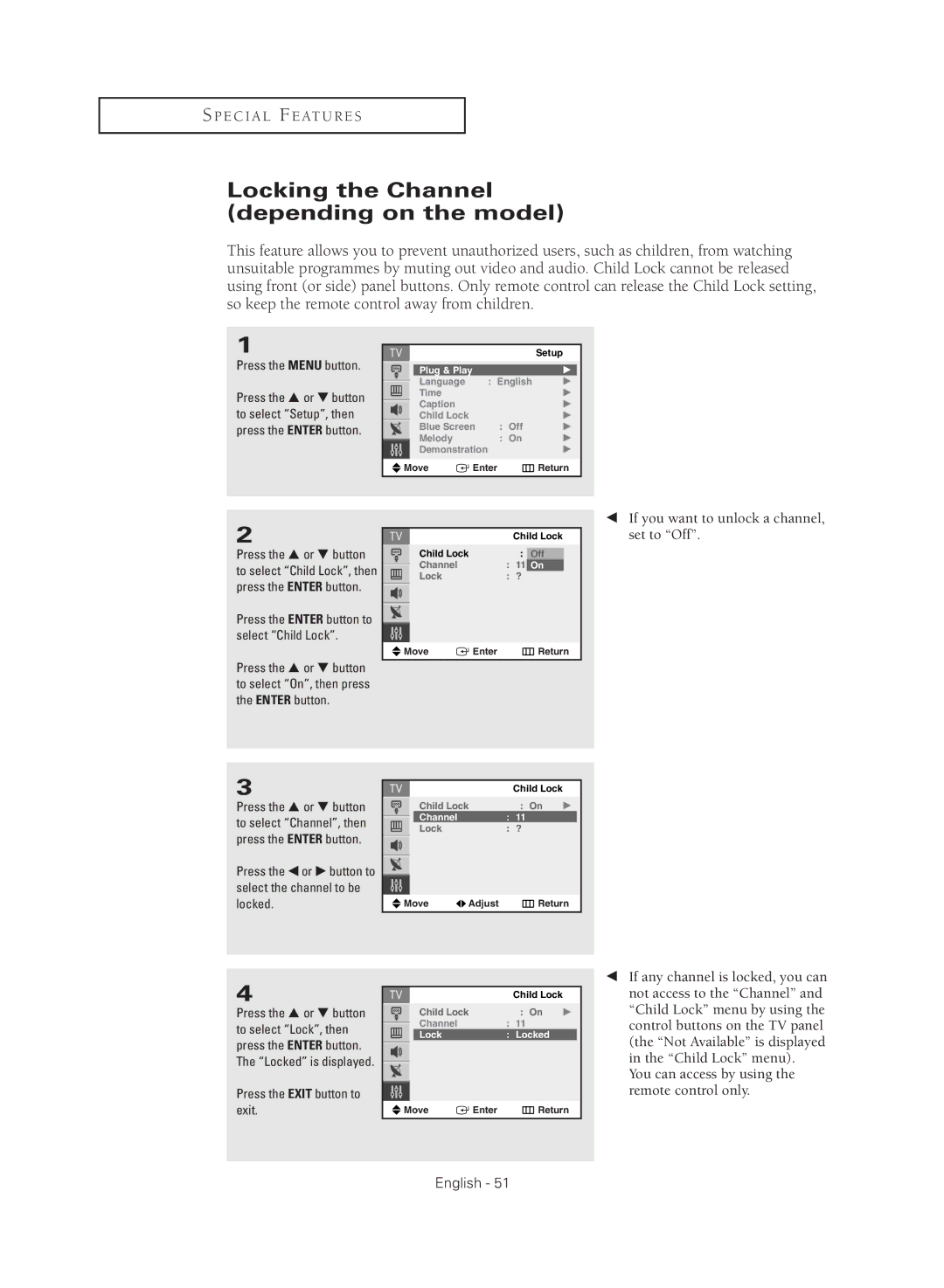 Samsung CL21M2 Locking the Channel depending on the model, Press the œ or √ button to select the channel to be locked 