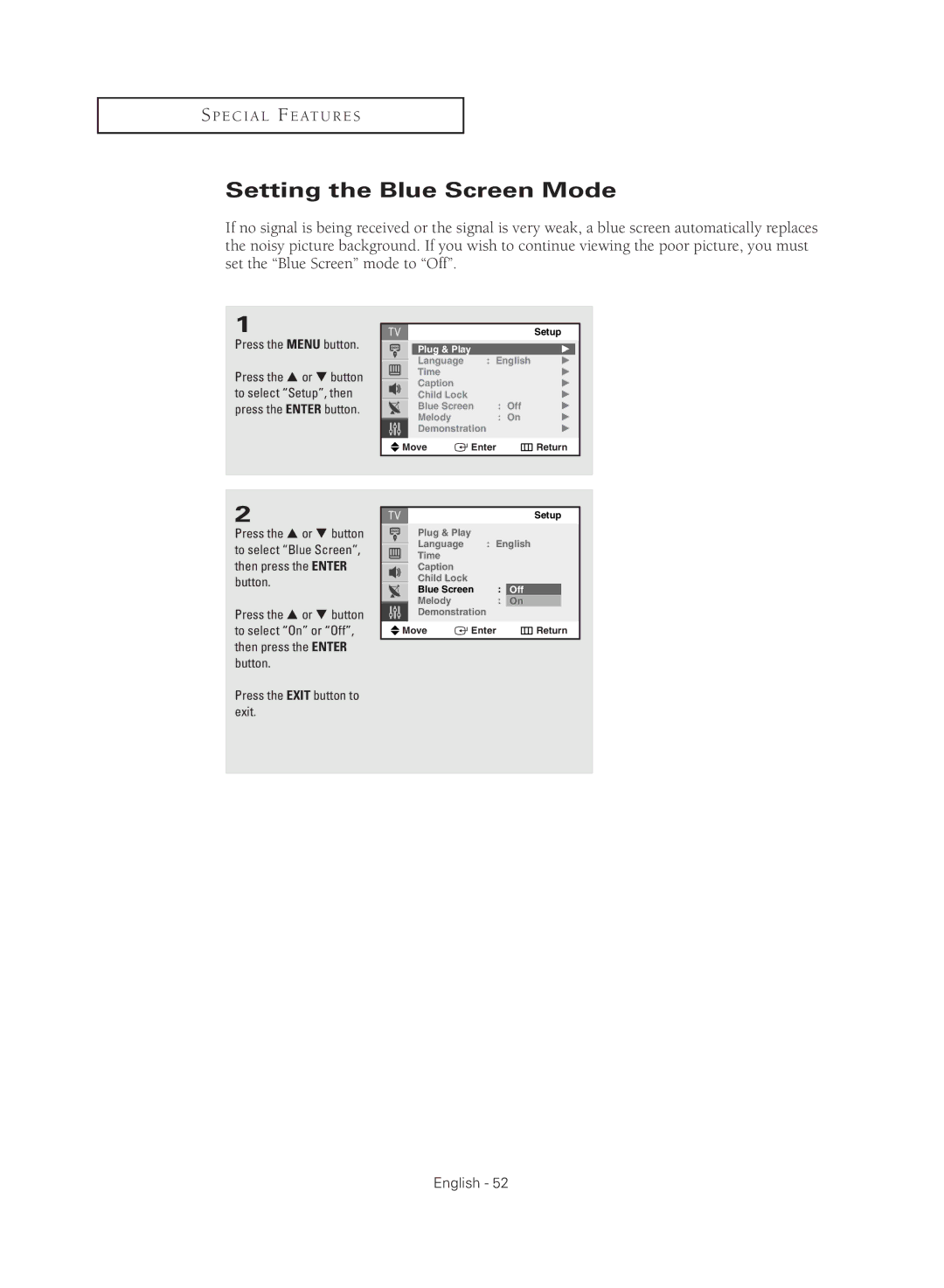 Samsung CL21M2 manual Setting the Blue Screen Mode 