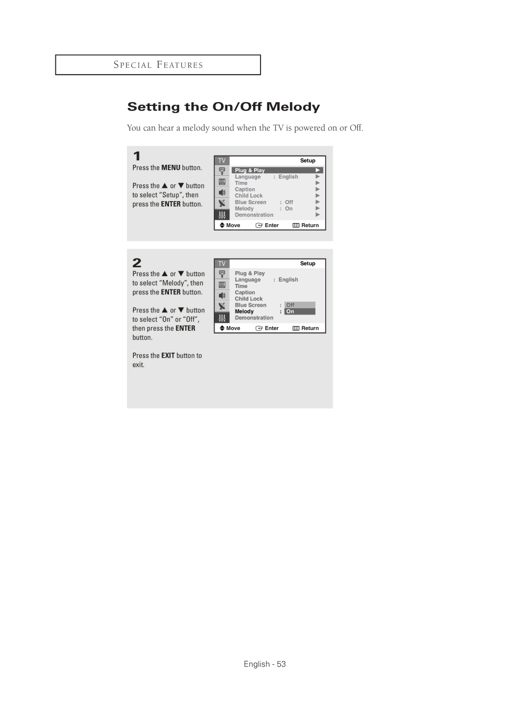 Samsung CL21M2 manual Setting the On/Off Melody 