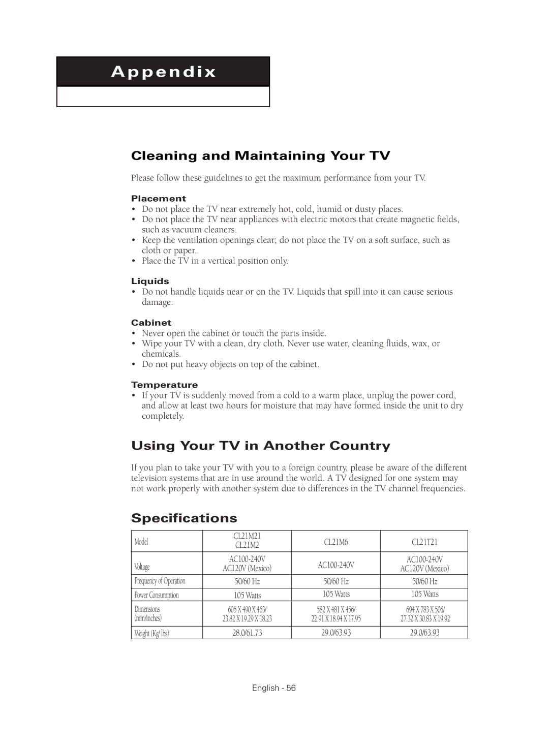 Samsung CL21M2 manual Cleaning and Maintaining Your TV, Using Your TV in Another Country, Specifications 