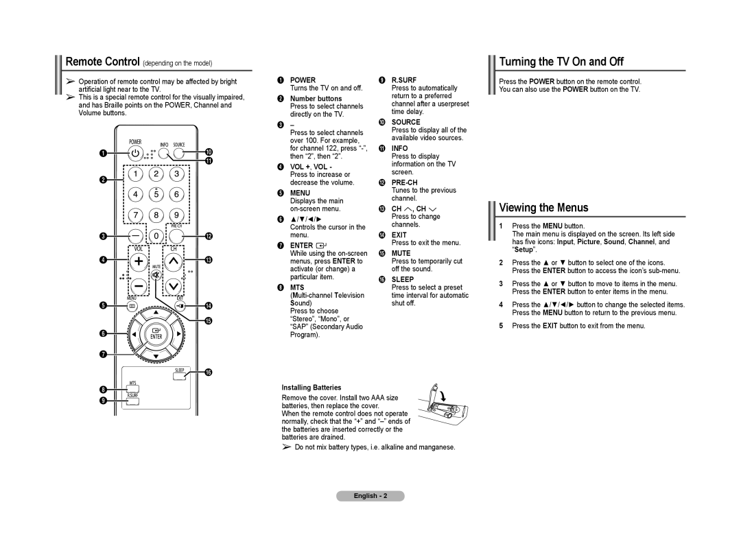 Samsung 21Z57, CL21Z43, 21Z50 manual Turning the TV On and Off, Viewing the Menus 