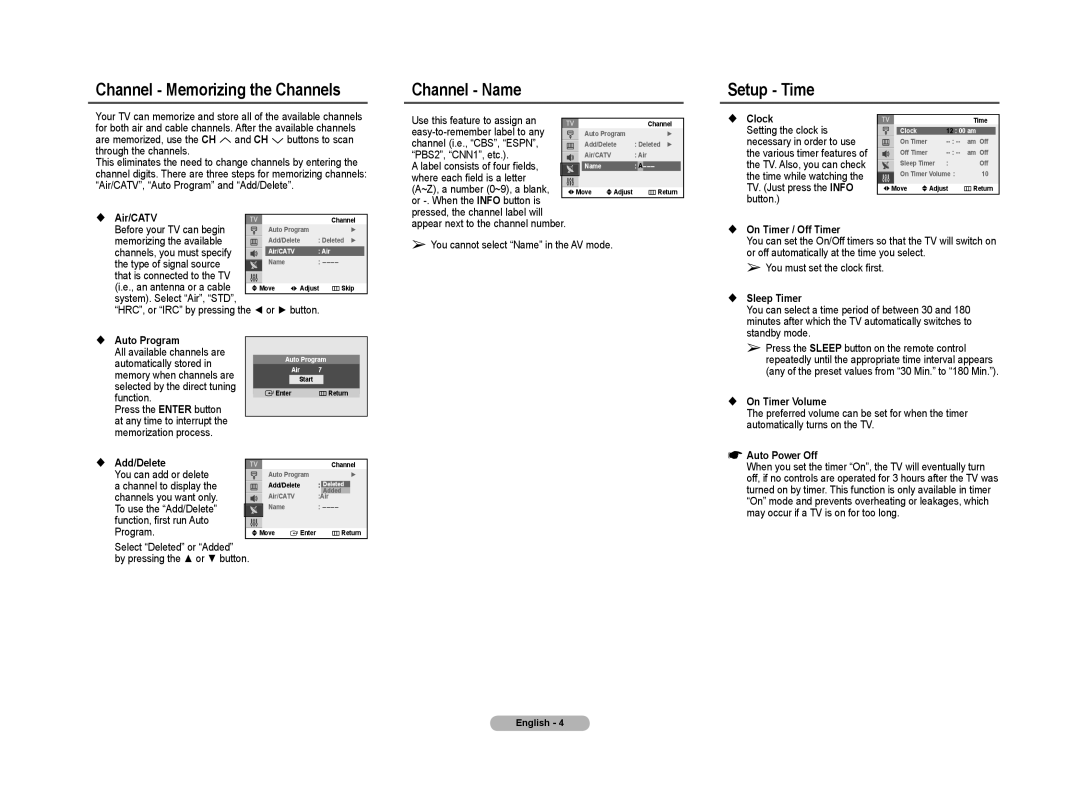 Samsung 21Z50, CL21Z43, 21Z57 manual Channel Memorizing the Channels Channel Name Setup Time 