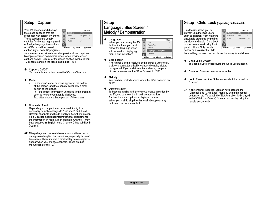 Samsung 21Z57, CL21Z43, 21Z50 manual Setup Caption, Setup Language / Blue Screen Melody / Demonstration 