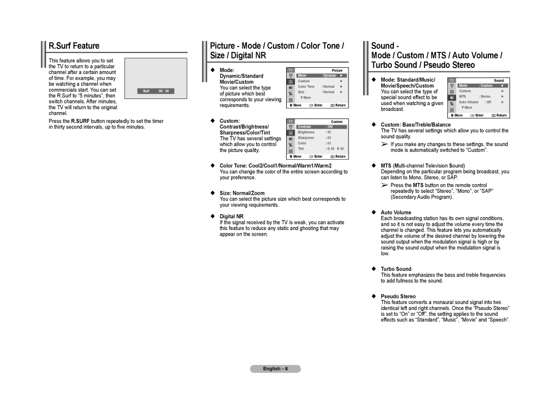 Samsung CL21Z43, 21Z50, 21Z57 manual Surf Feature Picture Mode / Custom / Color Tone Sound, Size / Digital NR 