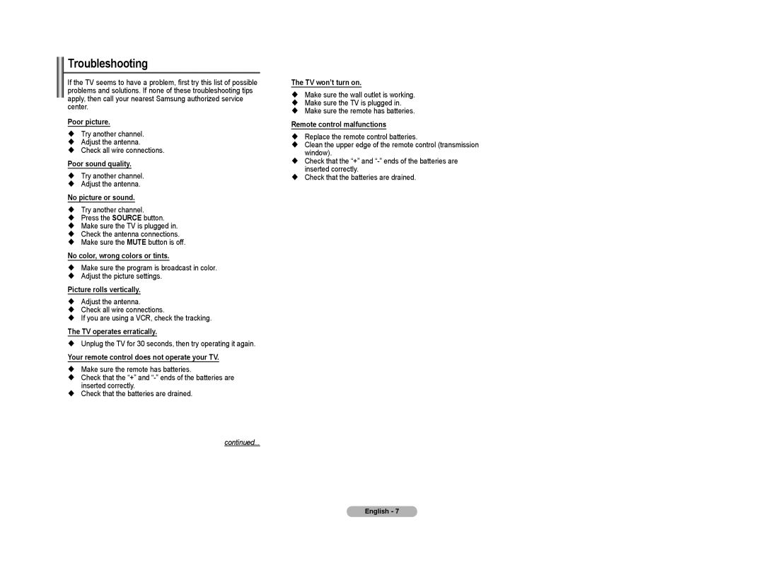 Samsung 21Z50, CL21Z43, 21Z57 manual Troubleshooting 