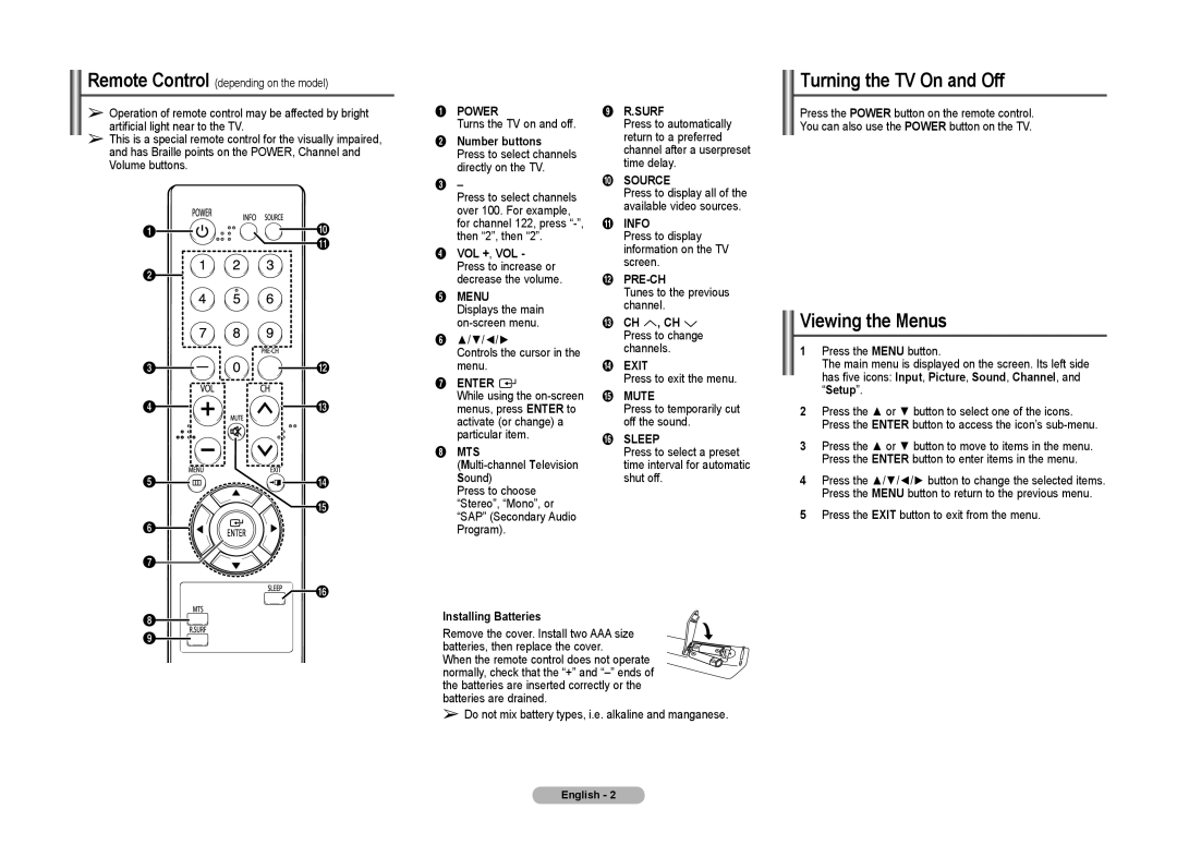 Samsung CL21Z43, CL21Z50, CL21Z57, CLZ58, CL21Z530, CL21A730 manual Turning the TV On and Off, Viewing the Menus 