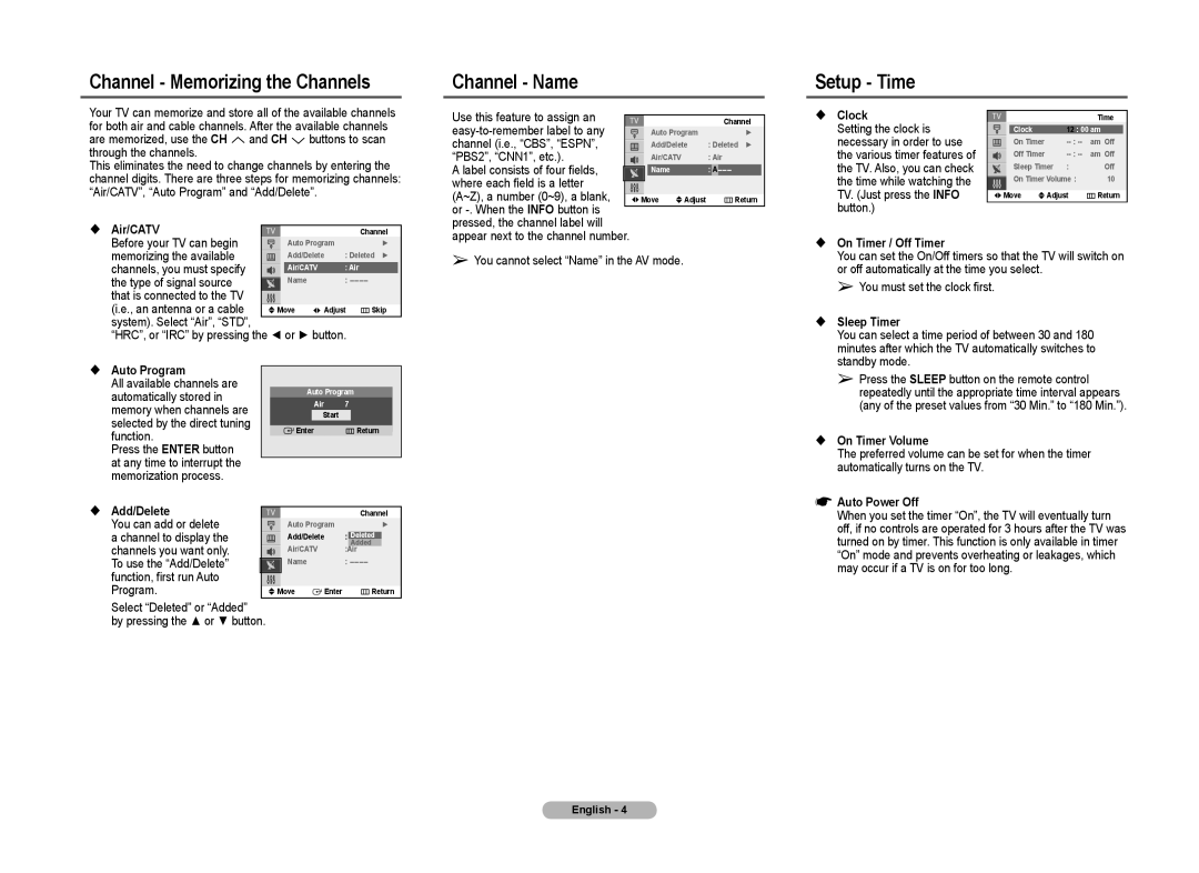 Samsung CL21Z43, CL21Z50, CL21Z57, CLZ58, CL21Z530, CL21A730 manual Channel Memorizing the Channels Channel Name Setup Time 