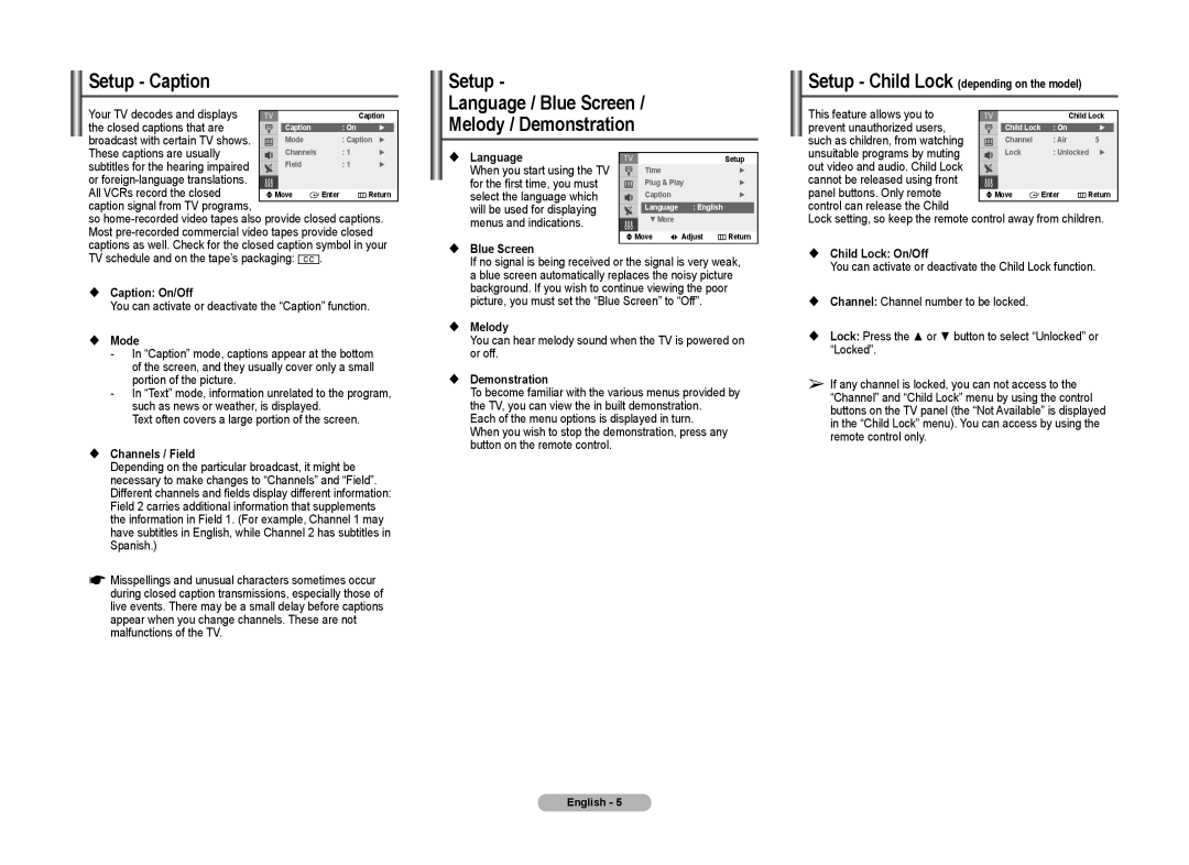 Samsung CL21Z43, CL21Z50, CL21Z57, CLZ58, CL21Z530, CL21A730 manual Setup Caption 