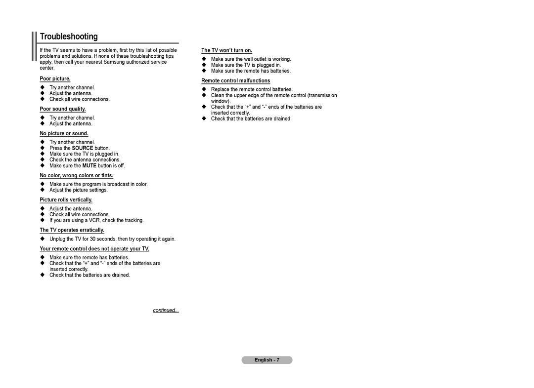 Samsung CL21Z43, CL21Z50, CL21Z57, CLZ58, CL21Z530, CL21A730 manual Troubleshooting 