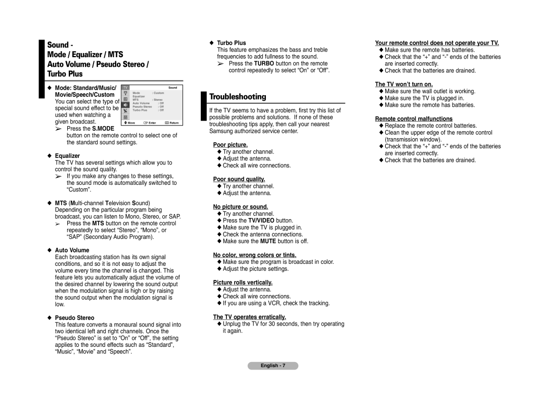 Samsung CL29K40PQ, CL29K40MQ, CL29M40MQ manual Troubleshooting, Movie/Speech/Custom, Used when watching a Given broadcast 