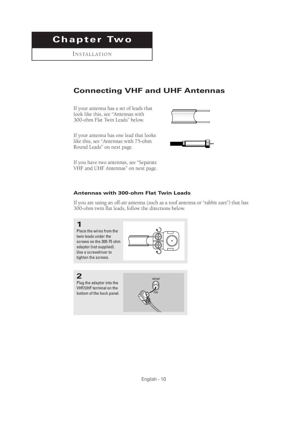 Samsung CL29M16MQD manual Connecting VHF and UHF Antennas, Antennas with 300-ohm Flat Twin Leads 