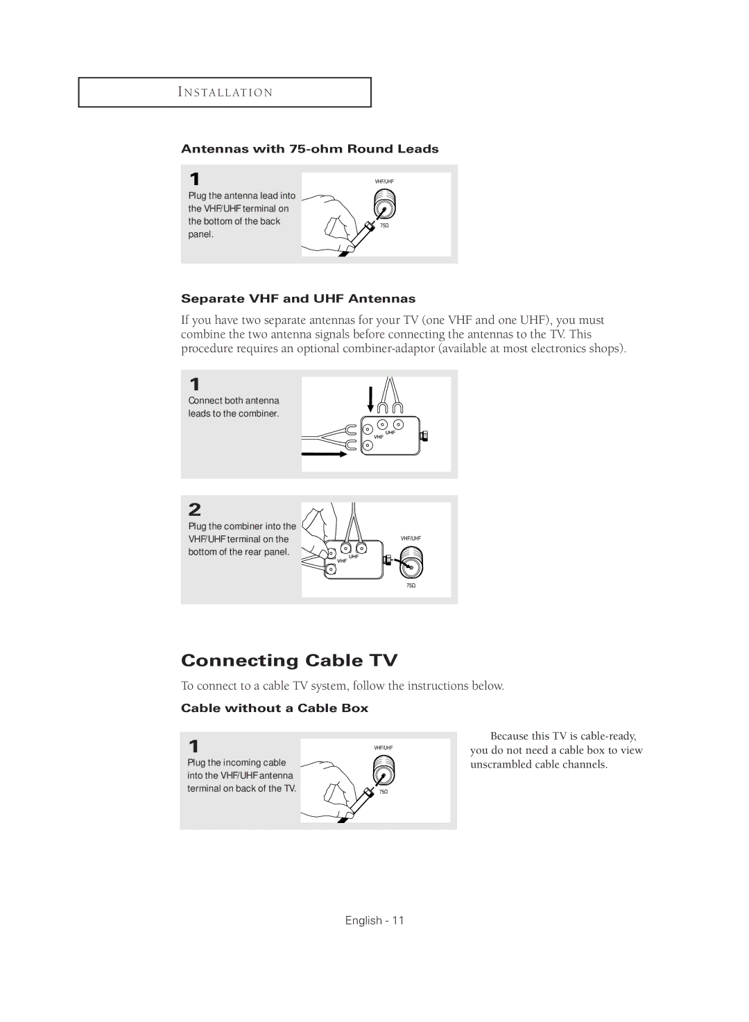 Samsung CL29M16MQD manual Connecting Cable TV, Antennas with 75-ohm Round Leads, Separate VHF and UHF Antennas 