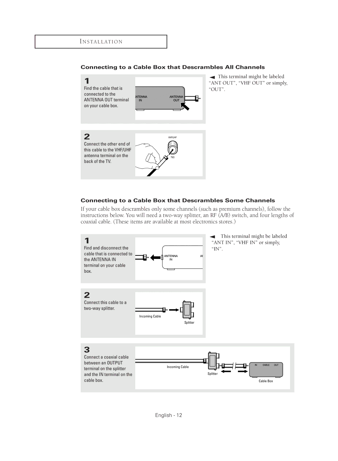 Samsung CL29M16MQD manual Connecting to a Cable Box that Descrambles All Channels, Connect this cable to a two-way splitter 