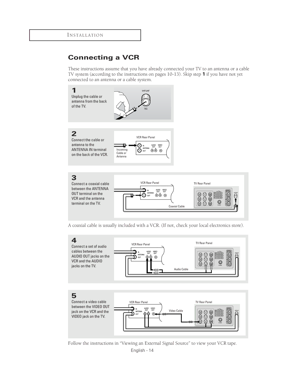 Samsung CL29M16MQD manual Connecting a VCR, Unplug the cable or antenna from the back of the TV 