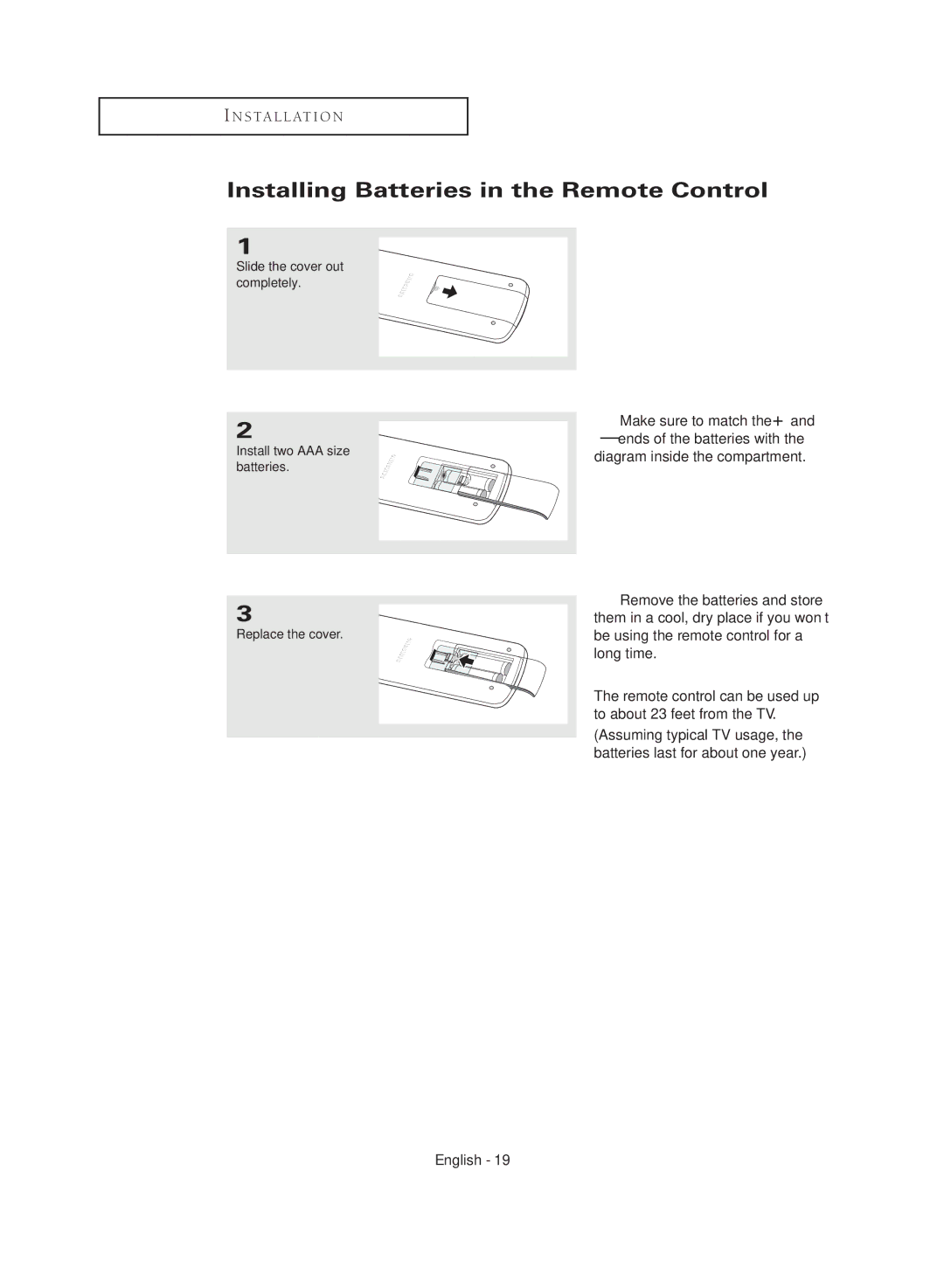 Samsung CL29M16MQD manual Installing Batteries in the Remote Control 