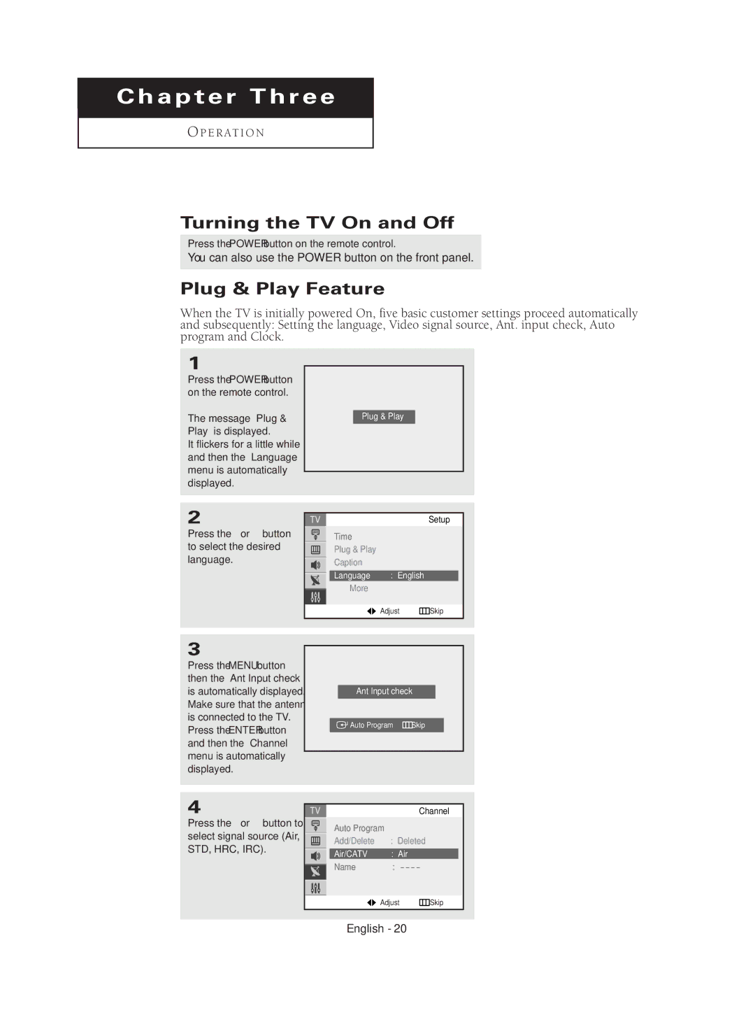 Samsung CL29M16MQD manual Turning the TV On and Off, Plug & Play Feature, Press the Power button on the remote control 