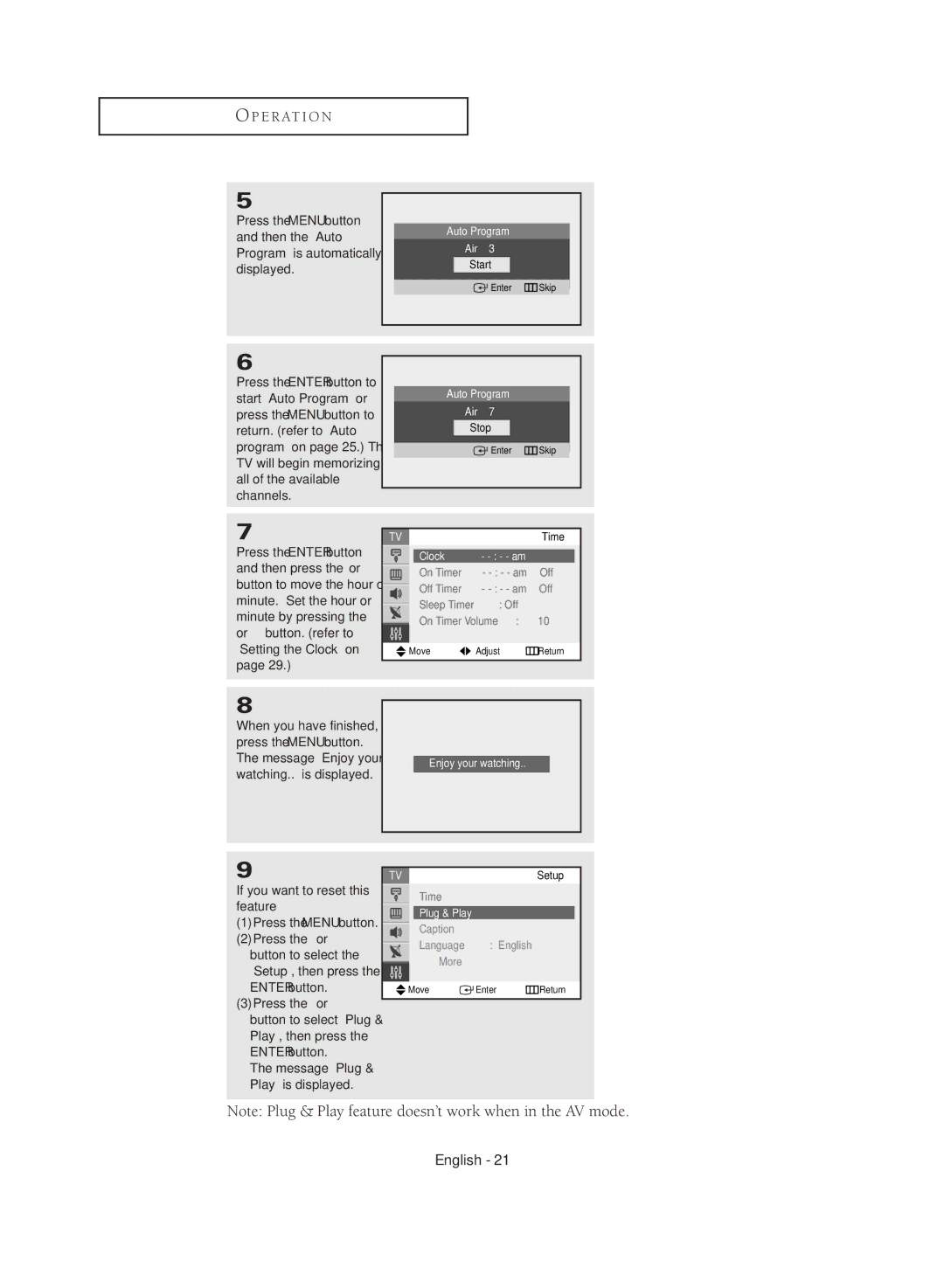 Samsung CL29M16MQD manual Auto Program Air, Clock, Enjoy your watching, Setup, Caption Language English More 