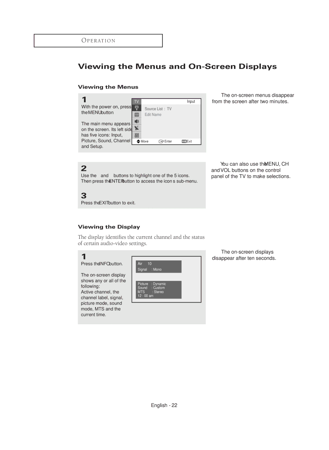 Samsung CL29M16MQD manual Viewing the Menus and On-Screen Displays, Viewing the Display, Press the Exit button to exit 