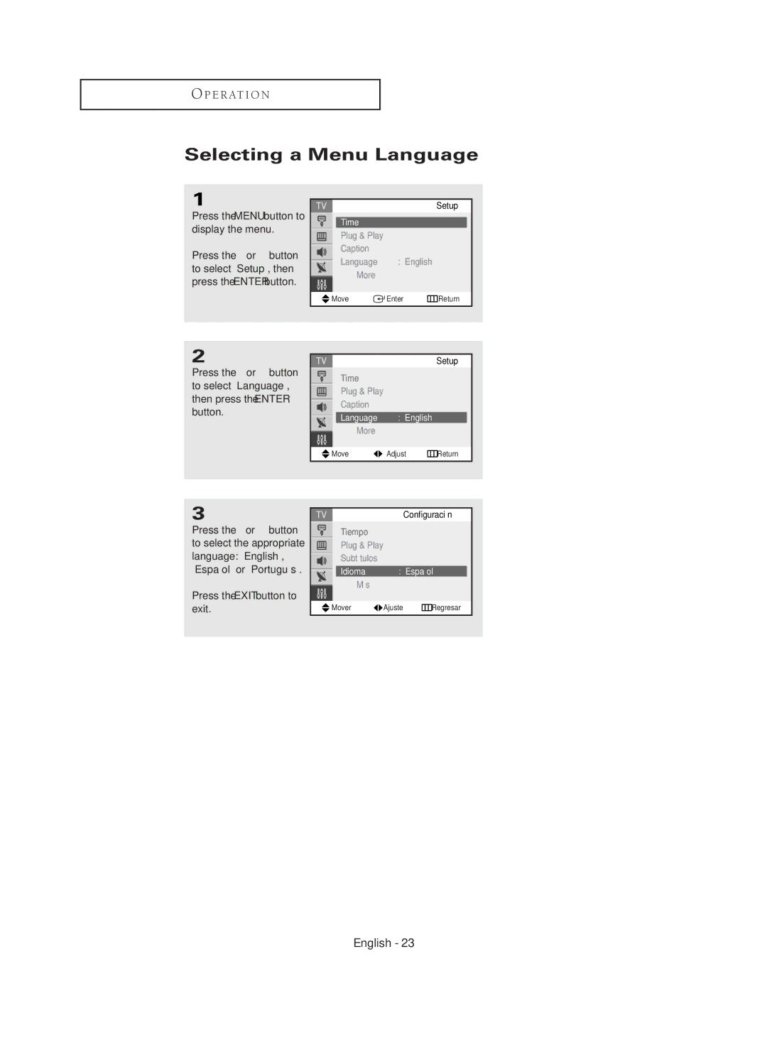 Samsung CL29M16MQD manual Selecting a Menu Language, Press the Menu button to display the menu, Time, Idioma Español 