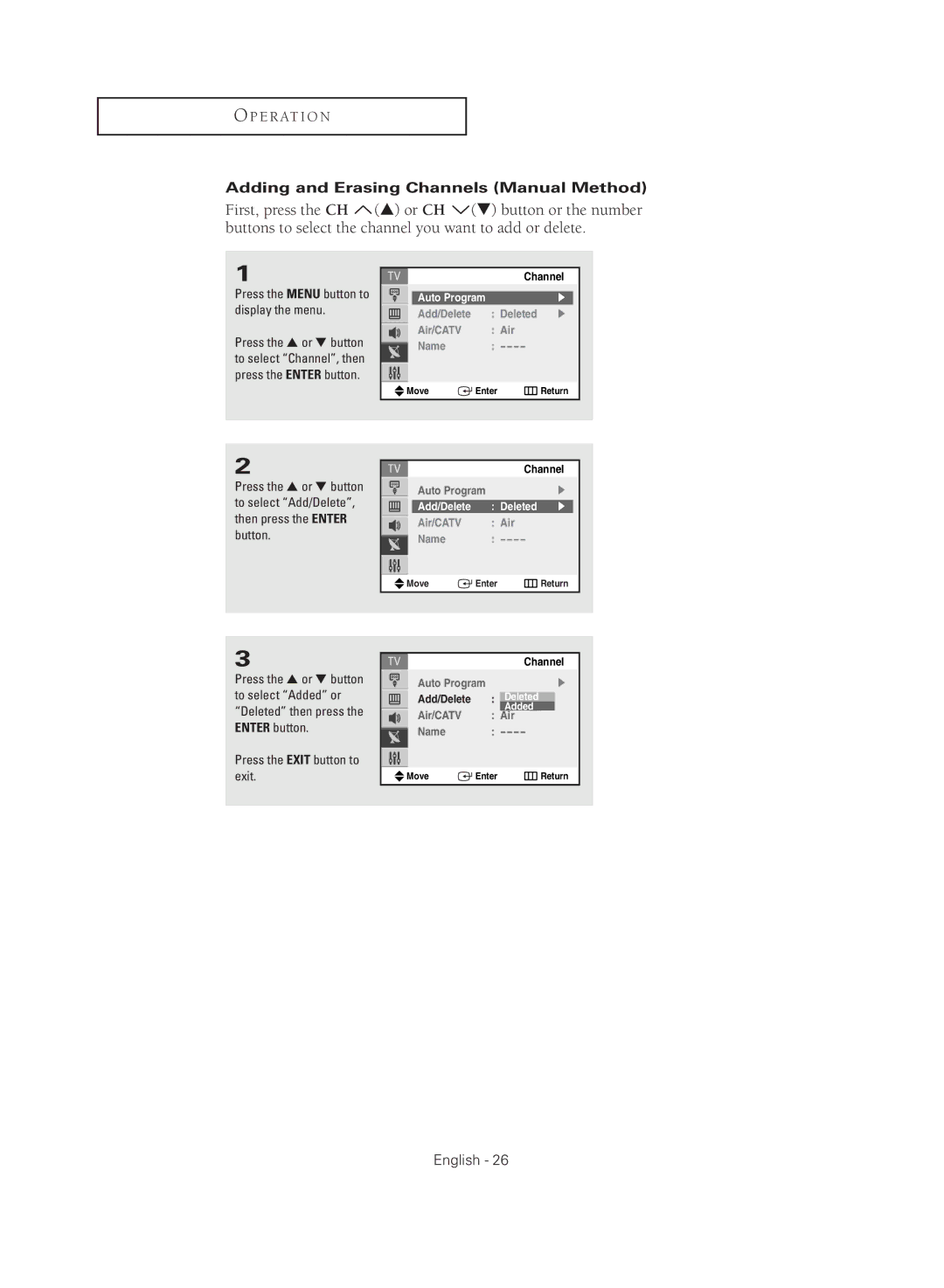 Samsung CL29M16MQD manual Adding and Erasing Channels Manual Method, Add/Delete Deleted, Air/CATV Name, Added 