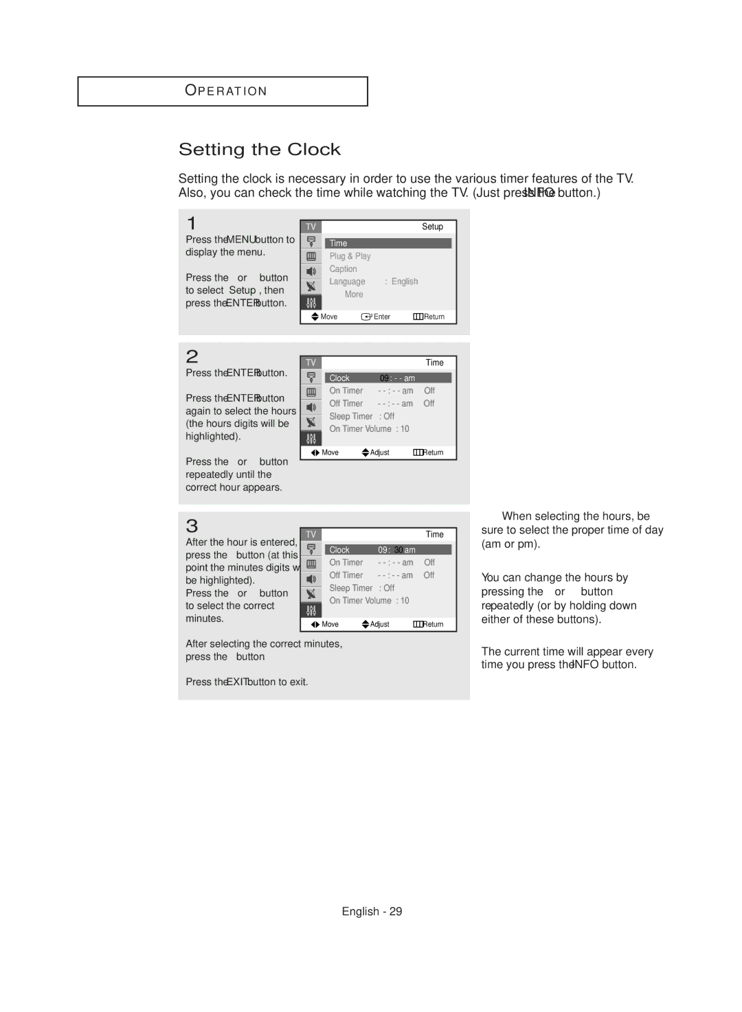 Samsung CL29M16MQD manual Setting the Clock, Press the Enter button, Press the or button to select the correct minutes 