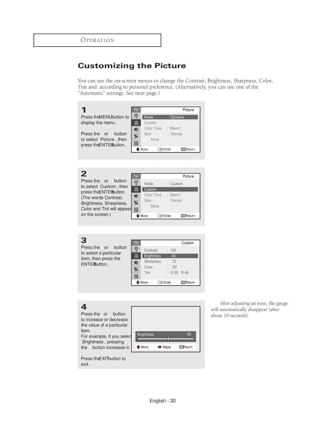 Samsung CL29M16MQD manual Customizing the Picture, Mode, Brightness55 