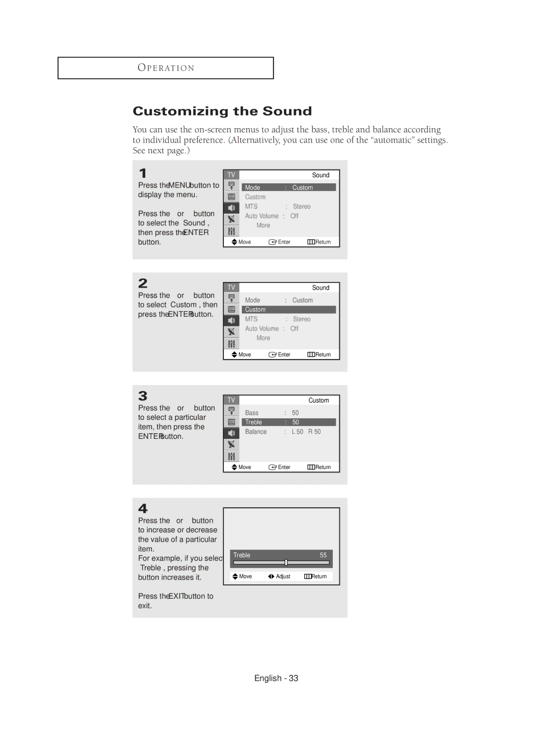 Samsung CL29M16MQD manual Customizing the Sound, Stereo Auto Volume Off More, Treble55 