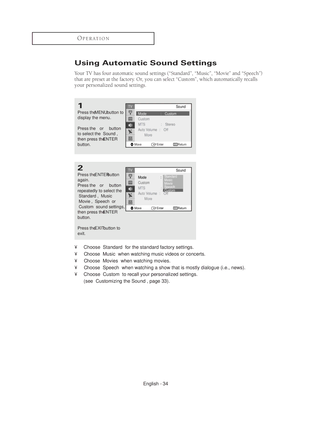 Samsung CL29M16MQD manual Using Automatic Sound Settings, Music Movie Speech, Mono, Auto Volume Off More 