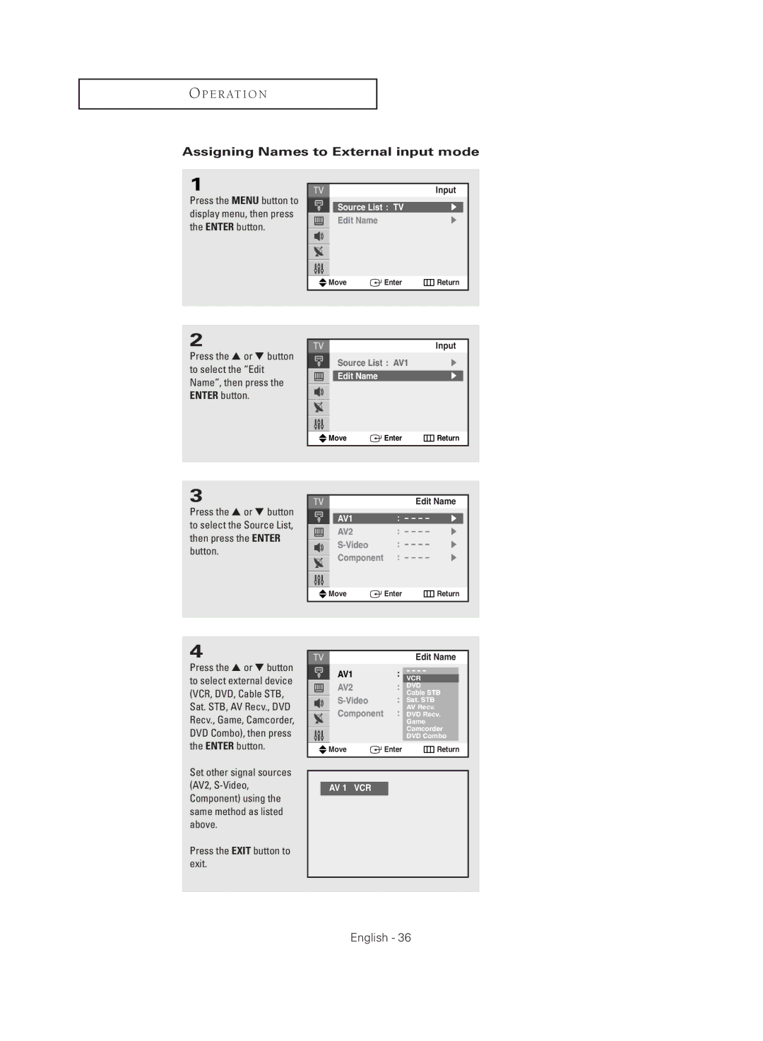 Samsung CL29M16MQD manual Assigning Names to External input mode, Edit Name, Video 