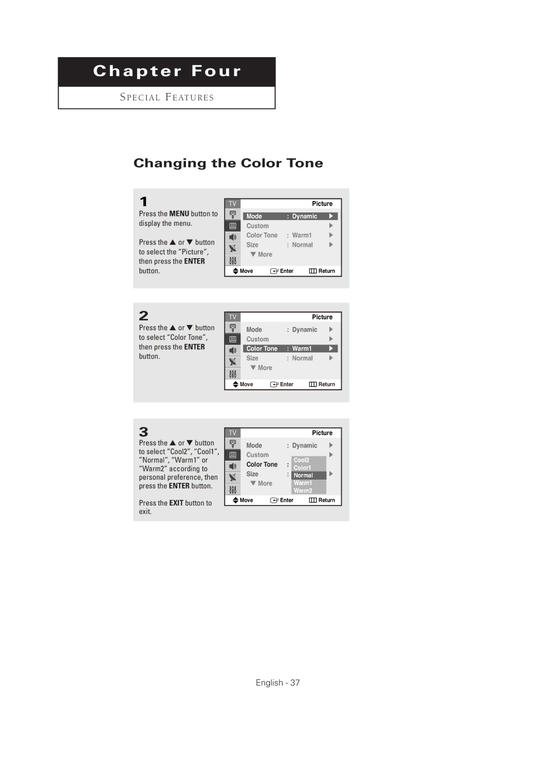 Samsung CL29M16MQD manual Changing the Color Tone, Cool2, Color1 Normal, Warm1 Warm2 