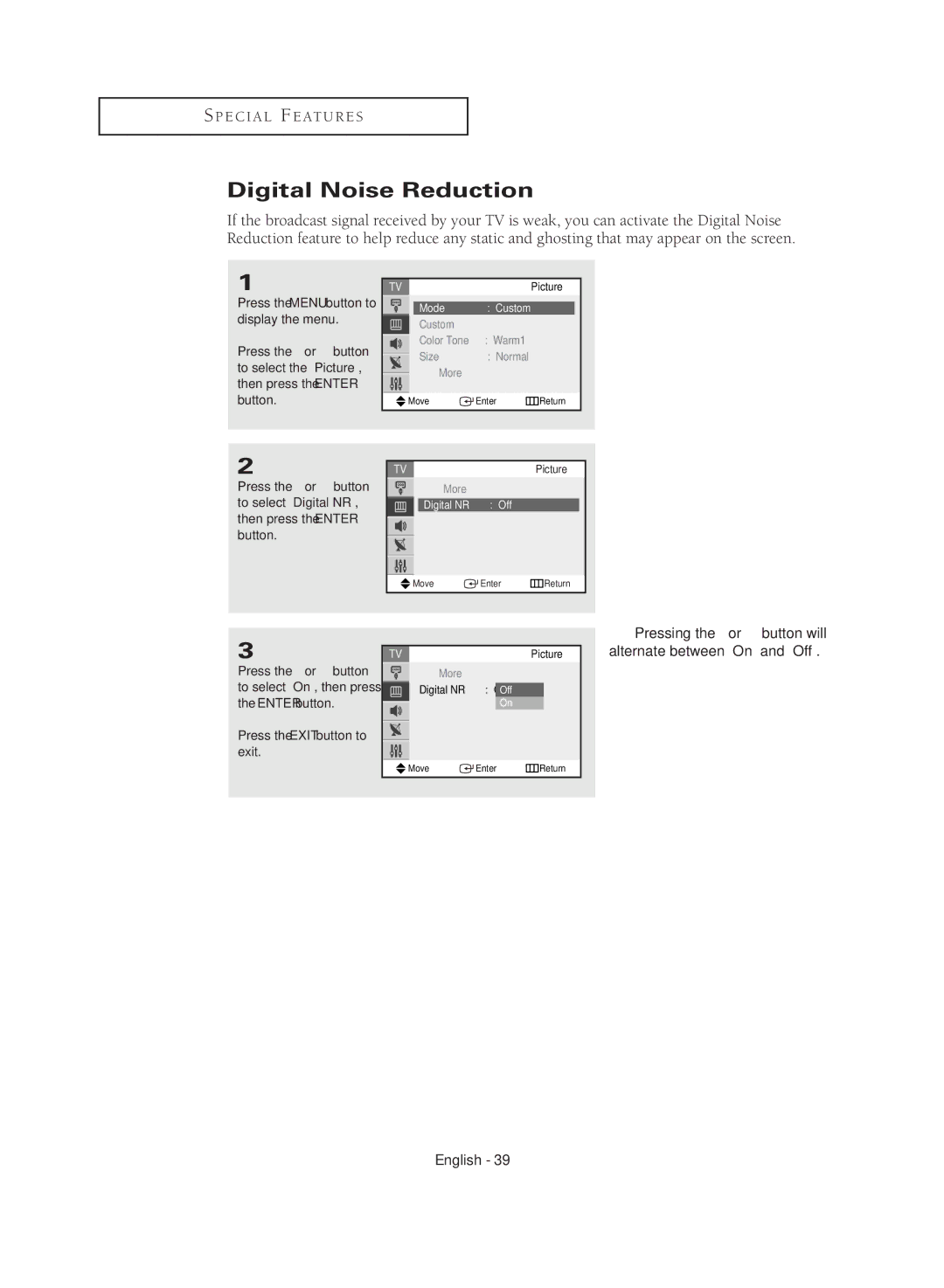 Samsung CL29M16MQD manual Digital Noise Reduction, Digital NR Off 