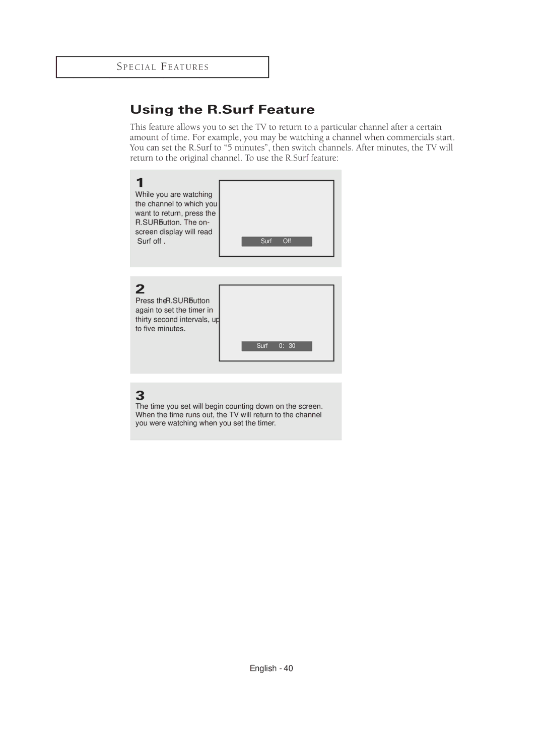 Samsung CL29M16MQD manual Using the R.Surf Feature, Surf Off 