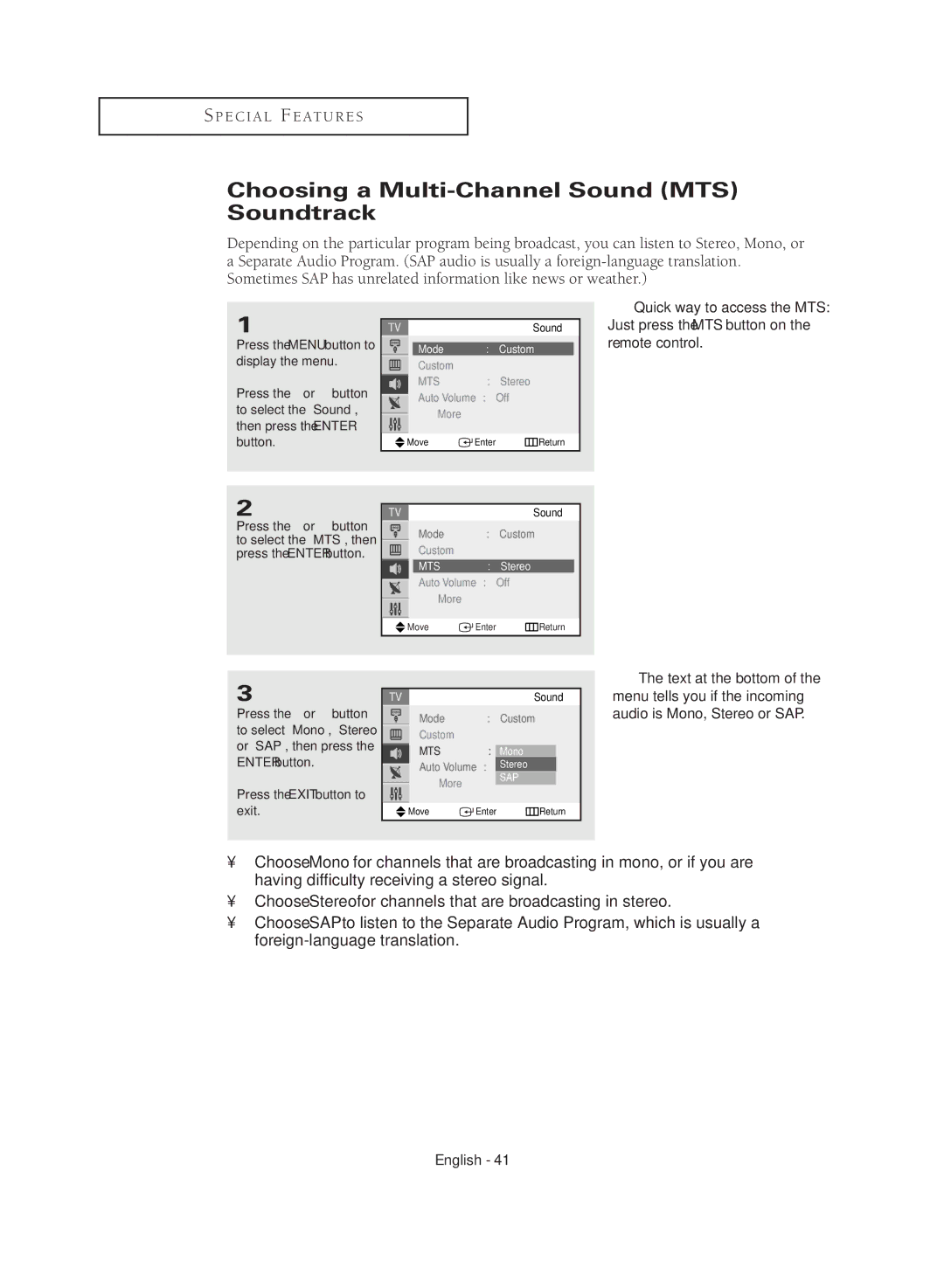 Samsung CL29M16MQD manual Choosing a Multi-Channel Sound MTS Soundtrack, Press the or button, Or SAP, then press, Stereo 