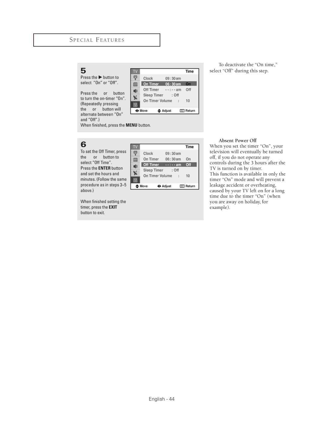 Samsung CL29M16MQD manual When finished, press the Menu button, On Timer 06 30am, Off Timer 