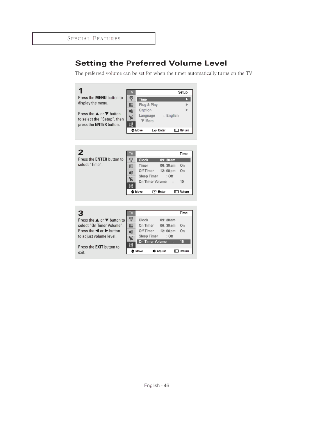 Samsung CL29M16MQD manual Setting the Preferred Volume Level, On Timer Volume 