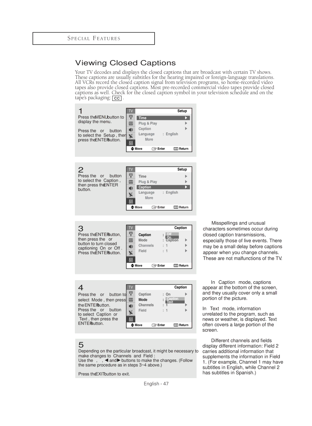 Samsung CL29M16MQD manual Viewing Closed Captions, To select Caption or Text, then press Enter button 