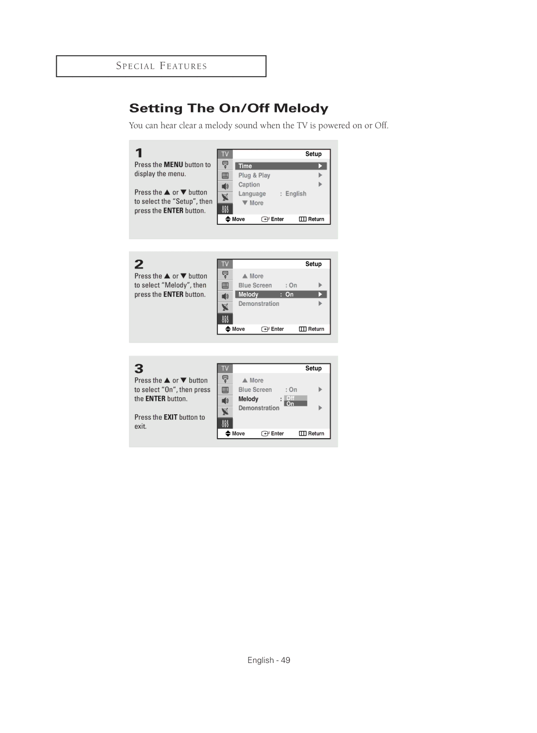 Samsung CL29M16MQD manual Setting The On/Off Melody, More Blue Screen 