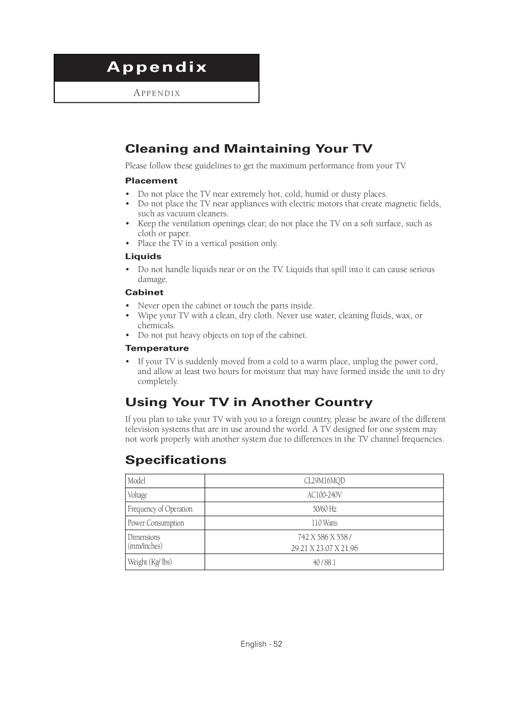 Samsung CL29M16MQD manual Cleaning and Maintaining Your TV, Using Your TV in Another Country, Specifications 