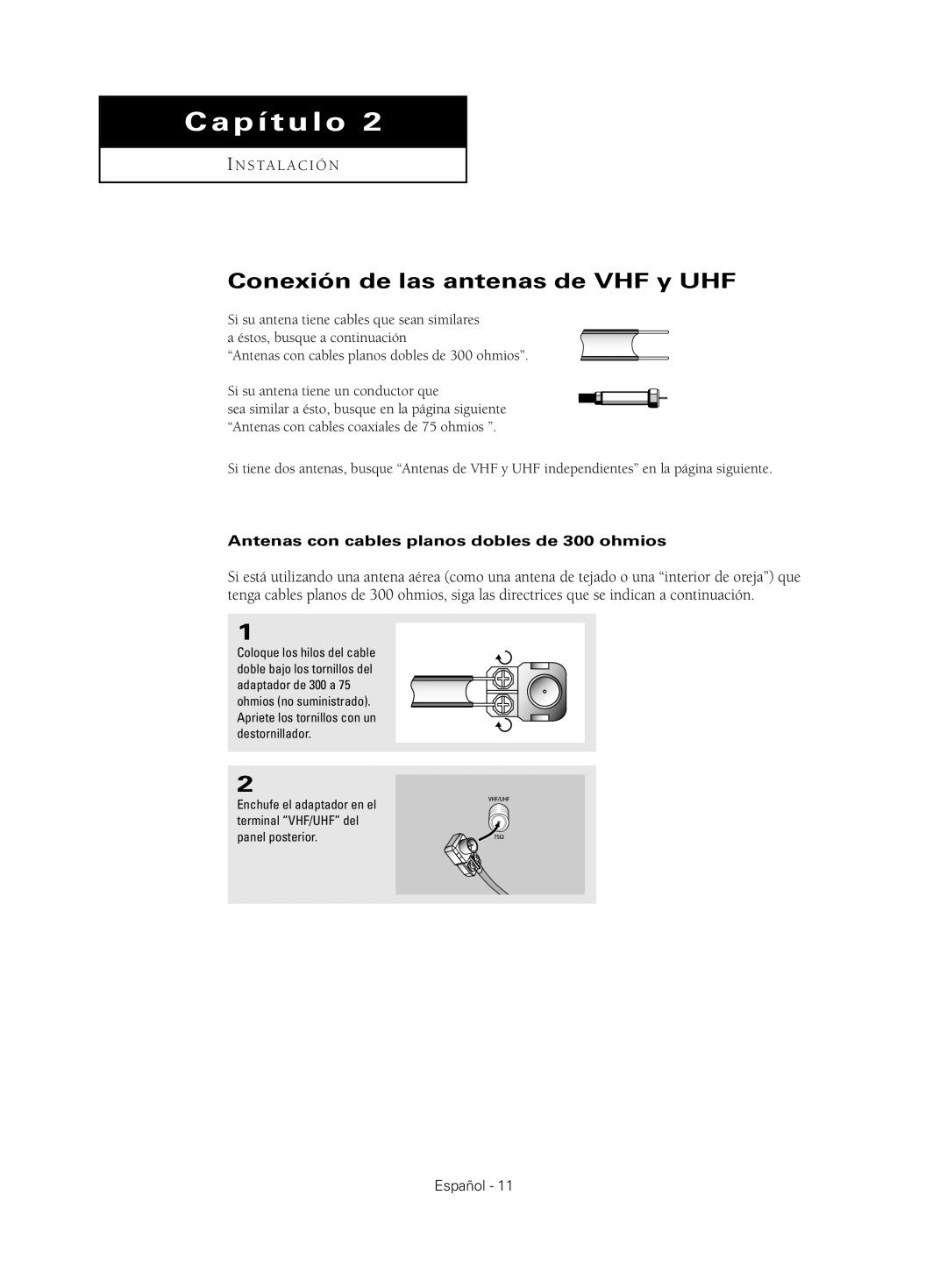 Samsung CL29K5, CL29M21, CL29M16 manual Conexión de las antenas de VHF y UHF, Antenas con cables planos dobles de 300 ohmios 