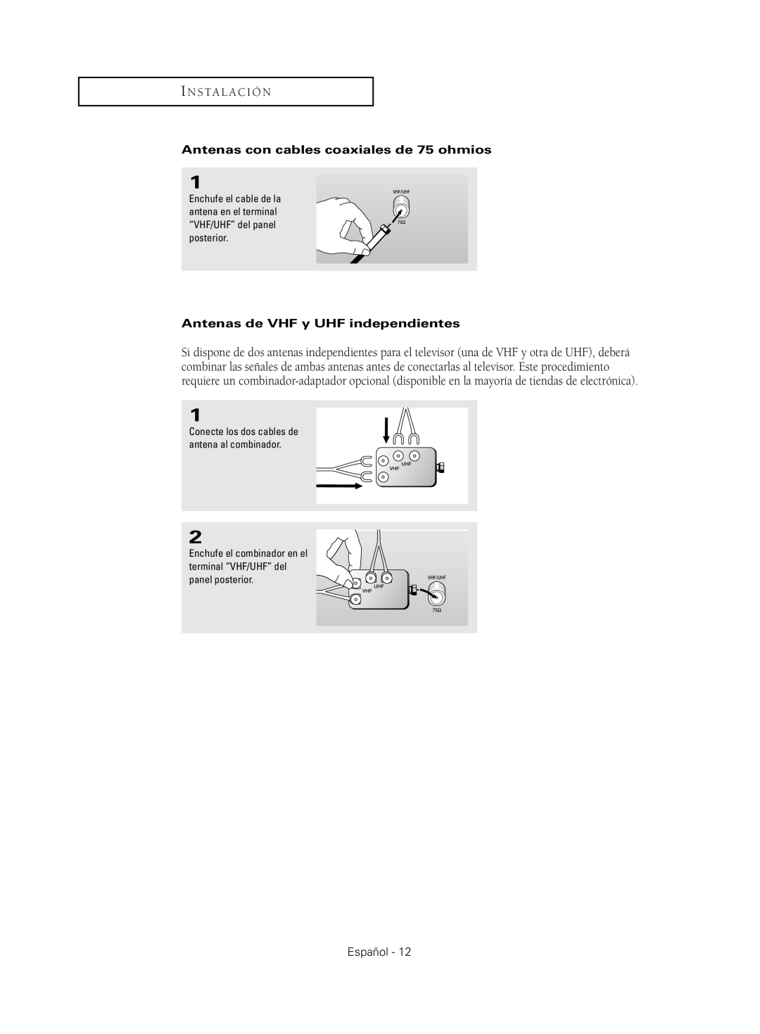 Samsung CL25M21, CL29M21, CL29M16, CL29T21 Antenas con cables coaxiales de 75 ohmios, Antenas de VHF y UHF independientes 