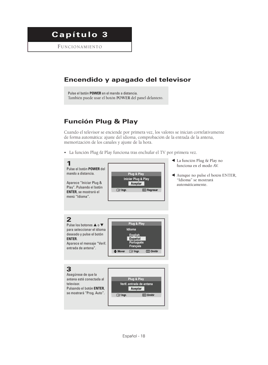 Samsung CL29K5 manual Encendido y apagado del televisor, Función Plug & Play, Pulse el botón Power en el mando a distancia 