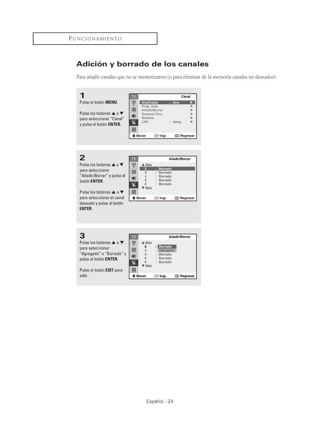 Samsung CL29T21, CL29M21, CL29M16, CL29K5, CL25M21 manual Adición y borrado de los canales 