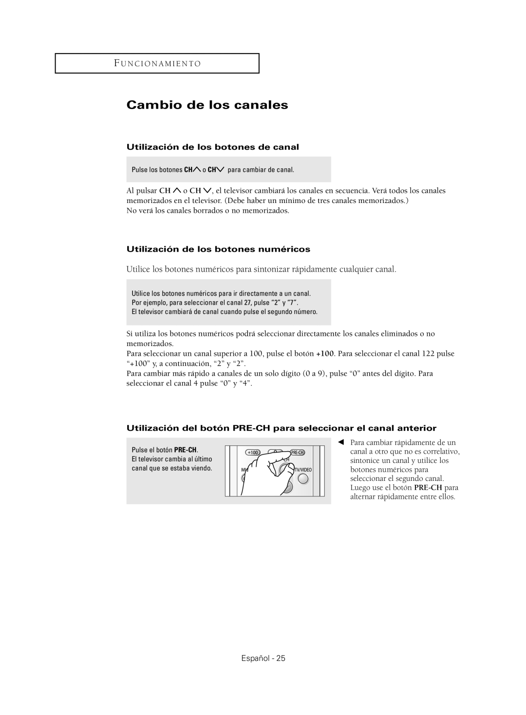 Samsung CL29K5, CL29M21 Cambio de los canales, Utilización de los botones de canal, Utilización de los botones numéricos 