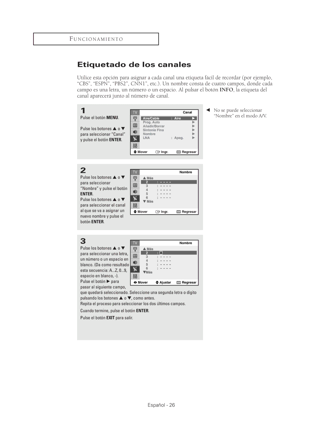 Samsung CL25M21, CL29M21, CL29M16, CL29T21, CL29K5 Etiquetado de los canales, No se puede seleccionar Nombre en el modo A/V 