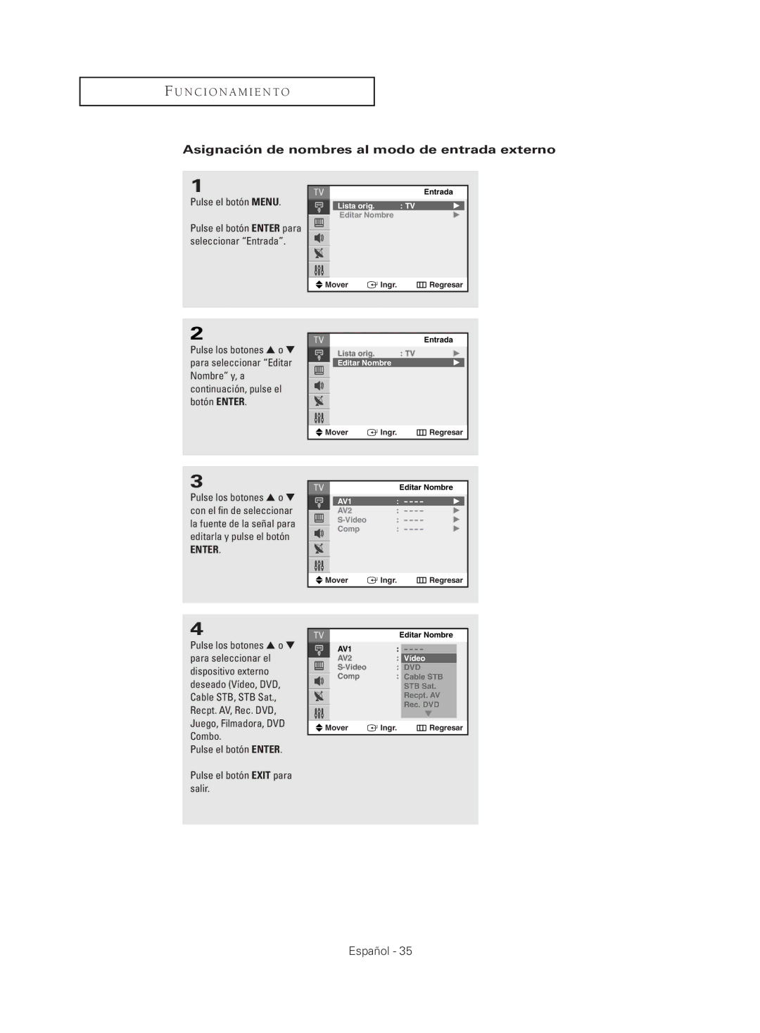 Samsung CL29M21, CL29M16, CL29T21, CL29K5, CL25M21 manual Asignación de nombres al modo de entrada externo 