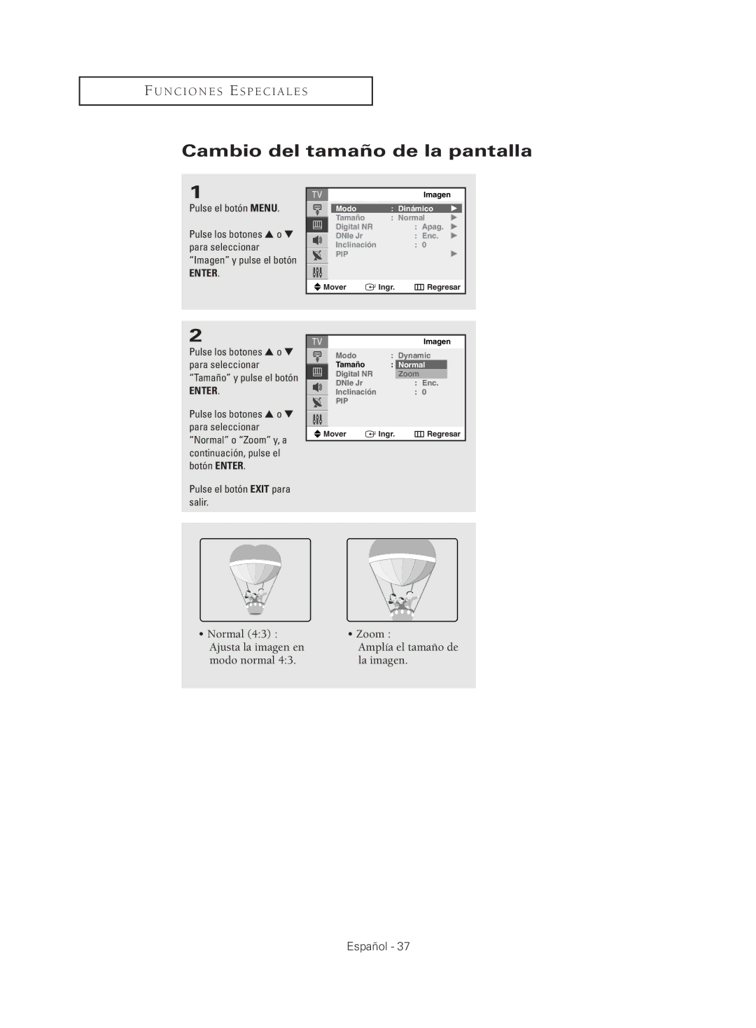 Samsung CL29M21, CL29M16, CL29T21, CL29K5, CL25M21 manual Cambio del tamaño de la pantalla 