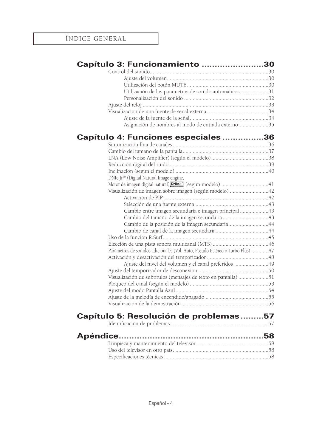 Samsung CL29K5, CL29M21, CL29M16, CL29T21 manual Capítulo 4 Funciones especiales, Capítulo 5 Resolución de problemas, Apéndice 