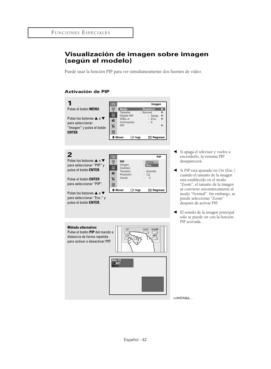 Samsung CL29M21, CL29M16, CL29T21, CL29K5, CL25M21 Visualización de imagen sobre imagen según el modelo, Activación de PIP 